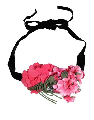 Dolce & Gabbana Womens Multicolor Floral Applique Detail Tie Belt Black Nylon
