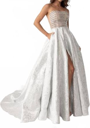 Rachel Allan Jacquard Strapless A-Line Prom Gown In Silver Nude