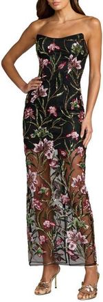 Mac Duggal Strapless Floral Embroidered Column Dress in Black Multi at Nordstrom, Size 10