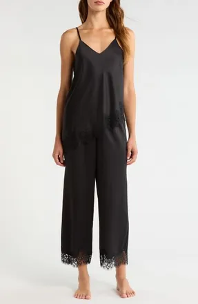 Nordstrom Lace Trim Satin Pajamas in Black at Nordstrom, Size X-Small