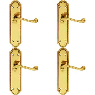 Loops 4x PAIR Reeded Scroll Lever on Shaped Latch Backplate 205 x 49mm Polished Brass in Metallics