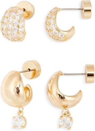 Nordstrom 2 Pairs of Cubic Zirconia Wide Huggie Hoop Earrings in Clear- Gold at Nordstrom