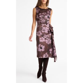 Santorelli Nica Sleeveless Dress with Side Ruffle in Floral Twill Crepe in Raisin at Nordstrom, Size 10
