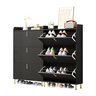 STILVORA Zapatero Con 3 Puertas Abatibles Y 6 Compartimentos, Estantes Ajustables, Para Entrada, En Mdf, Negro, 80&times;23&times;123.5 Cm