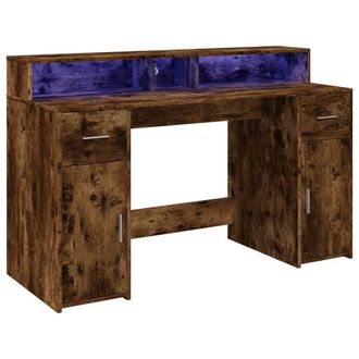 Berkfield Home Soft Desk with LED Lights Smoked Oak 140x55x91 cm Engineered Wood in Brown | Size: 140 x 55 x 91 cm