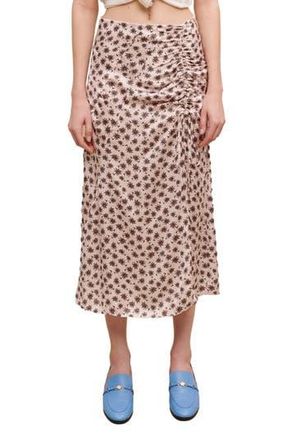 Maje Jalita Palm Tree Print Ruched Satin Skirt in Imprime Mini Palmier Rose at Nordstrom Rack, Size 4 (Fits Like 10 Us) / 42 Eu
