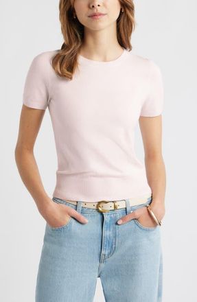 Open Edit Fitted Short Sleeve Sweater in Pink Carinaria at Nordstrom, Size Xx-Small
