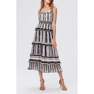 Diane Von F&uuml;rstenberg Cato Tiered Ruffle Midi Dress in Torn Flag Blk at Nordstrom Rack, Size 6