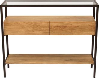 Miliboo Consola De Madera Maciza De Mango Y Tablero De Cristal Con 2 Cajones 100 Cm Sita