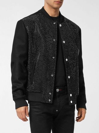 Philipp Plein Wool Varsity Bomber Jacket with Embroidery and Rhinestones