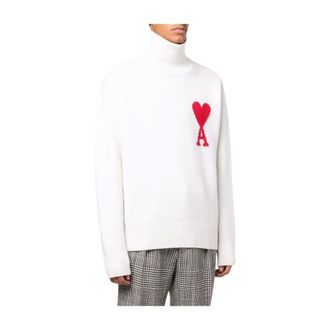 Ami Turtlenecks, male, White, Size: L Off-White/Red Wool Roll Neck Sweater