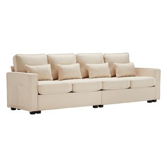 STILVORA Sof&aacute; Recto 4 Plazas En Lino Con Bolsillos En Brazos, Respaldo Alto Y 4 Cojines, Beige