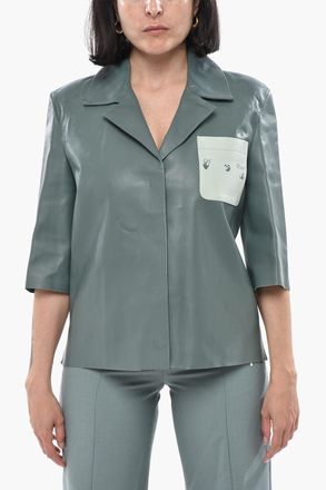 Off-white LEATHER Camicia Bowling in Pelle con Taschino a Contrasto Off-White