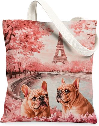 Generic Valentines Day Cavalier King Charles Spaniel Dog Canvas Tote Bag for Shopping 13x15, Eiffel Tower Puppy Reusable Grocery Print Bag for Women, Couple B