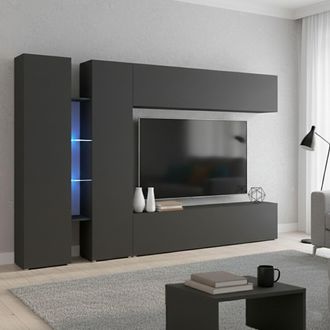 Dmora Pared Equipada Dboudr, Conjunto De Sal&oacute;n Mueble Tv Con 4 Puertas, Mueble De Sal&oacute;n Polivalente, 100% Made In Italy, Cm 280x30x180, Antracita - Dmora