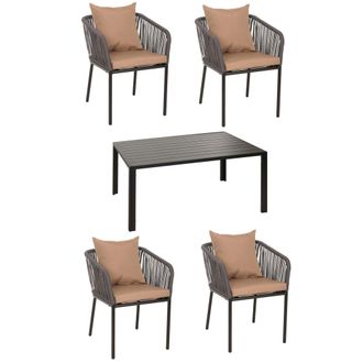 Hhg Nunca Usado] Set De Jard&iacute;n Hhg 616, Mesa+4xsillas, Aluminio Resistente A La Intemperie 140x80cm, Tejido De Cuerda Rope, Antracita Cojines Taupe
