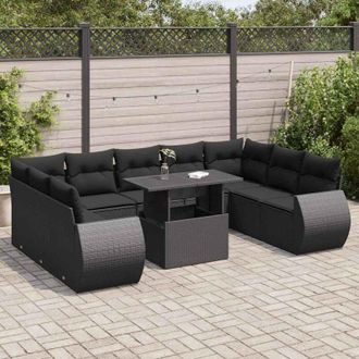 vidaXL Set De Sof&aacute;s De Jard&iacute;n Y Cojines 10 Pzas Rat&aacute;n Sint&eacute;tico Negro Vidaxl
