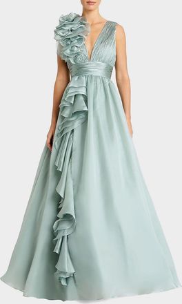 Mac Duggal Sleeveless Deep V-Neck Ruffle Gown
