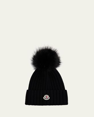 Moncler Ribbed Beanie with Faux Fur Pom