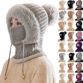 Generic Winter Warm Knitted Caps with Neck Womens Warm Fleece Lined Woolly Pom Pom Beanie Hat Adjustable Drawstring Windproof Balaclava Hooded Hats for Outdoo