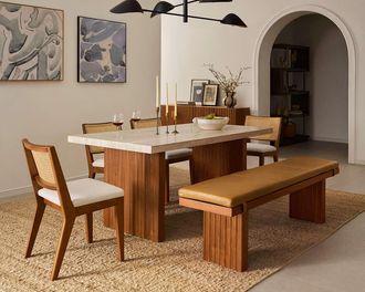 Castlery Sloane Travertine Dining Table 88.6 Walnut by Castlery, Multi Color, Furniture Table