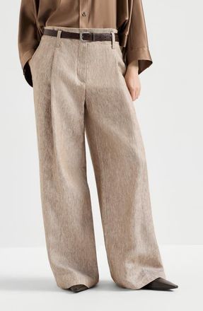 Brunello Cucinelli Linen denim pleated A-Line trousers with monili in Beige at Nordstrom, Size 48