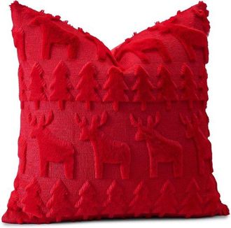 OEM Funda De Coj&iacute;n Navide&ntilde;a De 45&times;45 Cm - Suave Felpa De Lana Corta, Lujosa En Color Rojo Con &Aacute;rbol De Navidad Y Alce (1 Unidad)