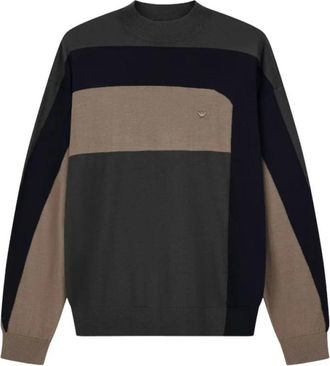 Emporio Armani Wollen Crewneck Sweater Jacquard Kleurblok - Heren - Ronde hals truien - Grijs - M - Wol - Truien & Vesten