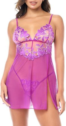 Mapal&eacute; Embroidered Sheer Babydoll & G-String Set in Azalea at Nordstrom, Size Small