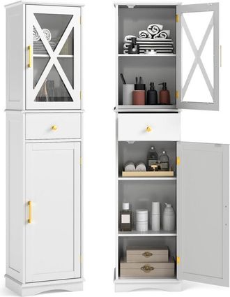 Costway Freestanding Narrow Storage Cupboard Bathroom Tall Cabinet-White