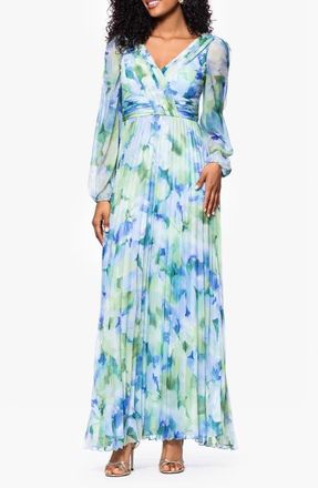 Betsy & Adam Floral Long Sleeve Pleated Gown in Blue/Multi at Nordstrom, Size 12