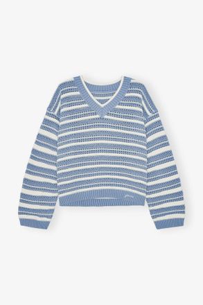 Ganni White Blue Striped Cotton V-neck Sweater - Size XXS/XS Organic