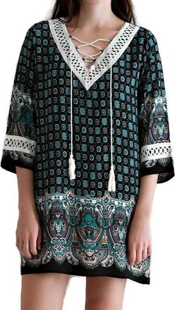 Entro Border Print Tassel Tie Mini Dress In Black
