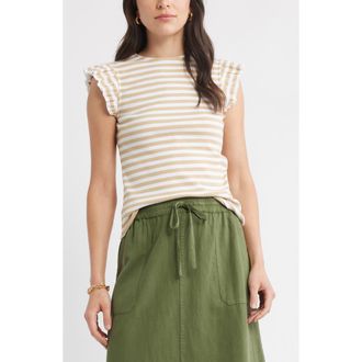 Caslon Stripe Ruffled Knit Top in Tan Shore- White Tess Stripe at Nordstrom Rack, Size Xx-Large