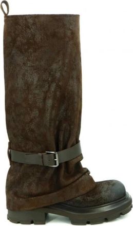 Elena Iachi Vintage su&egrave;de bikerlaarzen met riem - Dames - Hoge Laarzen - Bruin - 36 EU - Su&egrave;de - Schoenen