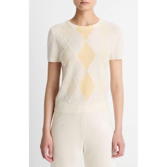 Vince Hand Cut Argyle Wool & Cashmere Blend Short Sleeve Sweater in Crema/palazzo/butter at Nordstrom Rack, Size Xx-Small