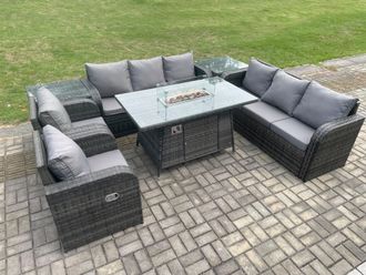 Fimous Patio Rattan Garden Furniture Set with Fire Pit Table, Chair & Side Table 8 Seater Outdoor Indoor Lounge Sofa Set in Dark Grey