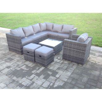 Fimous Rattan Garden Furniture Corner Sofa Set Square Coffee Table Chair Footstools Right Hand Option in Dark Grey