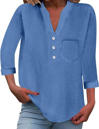 Generic Linen Tops for Women UK, Womens Linen Shirt, Short Sleeve T Shirts Womens Summer Cotton Linen Fashion Baggy Solid Plain Casual Shirts V Neck Breathabl