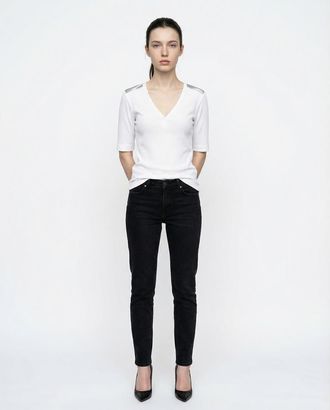 Brunello Cucinelli White Ribbed V-Neck Shirt, Size X-Large