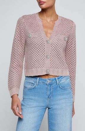 L'agence Blanca Sequin Crop Cardigan in Adobe Rose at Nordstrom, Size Xx-Small