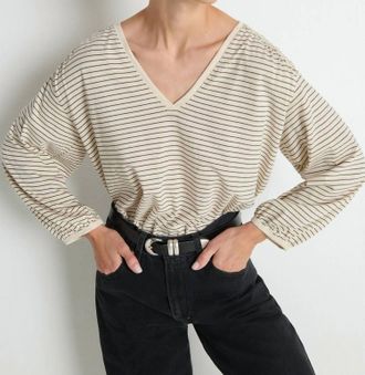 Nation Ltd Savanna Shirred Top In Espresso Pinstripe