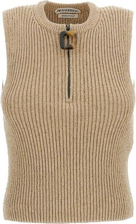 J.W.Anderson Mouweloze Gebreide Top met Kwart-Ritssluiting - Dames - Ronde hals truien - Beige - XS - Truien & Vesten
