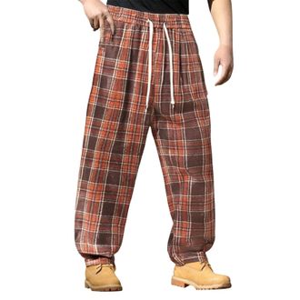 Generic Mens Plaid Baggy Pants - Elastic Waist with Striped Accents, Wide Leg Sweatpants Style, Checkered Pattern for Casual Workouts(1D-Red, M)