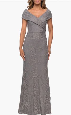 La Femme Lace Off Shoulder Gown In Platinum