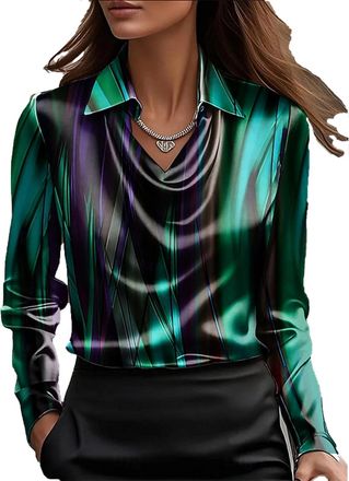 Generic Multicolor Satin Blouse for Women UK Elegant Cowl Neck Silk Party Tops Fashion Long Sleeve Office Work Shirts Casual Turndown Collar Tunic Shirt Stree
