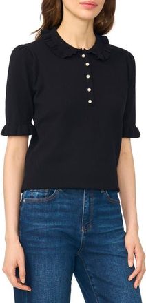 CeCe by Cynthia Steffe Ruffle Collar Short Sleeve Polo Sweater in Rich Black at Nordstrom, Size X-Small
