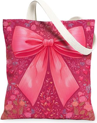 Generic Floral Bow Canvas Tote Bags, Flower Pattern Reusable Grocery Bags, Spring Vintage Chic Lightweight Washable Shoulder for Tr, Peach, 13x15 Inch