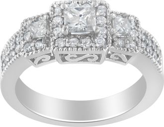 House of Brilliance 14K White Gold Round and Princess-Cut Diamond Three Stone Ring