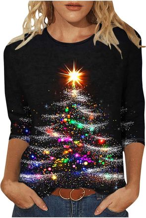 Generic Women Christmas T Shirts Light Up Christmas Red Wine Glass Printed Tops Sparkly Xmas Tree Graphic Shirt Oversized Crewneck Blouse Casual Pullover 3/4 